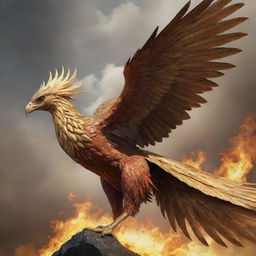 A realistic rendition of a giant phoenix adorned with golden or gold armor, pictured in a dramatic action of either flying or attacking.