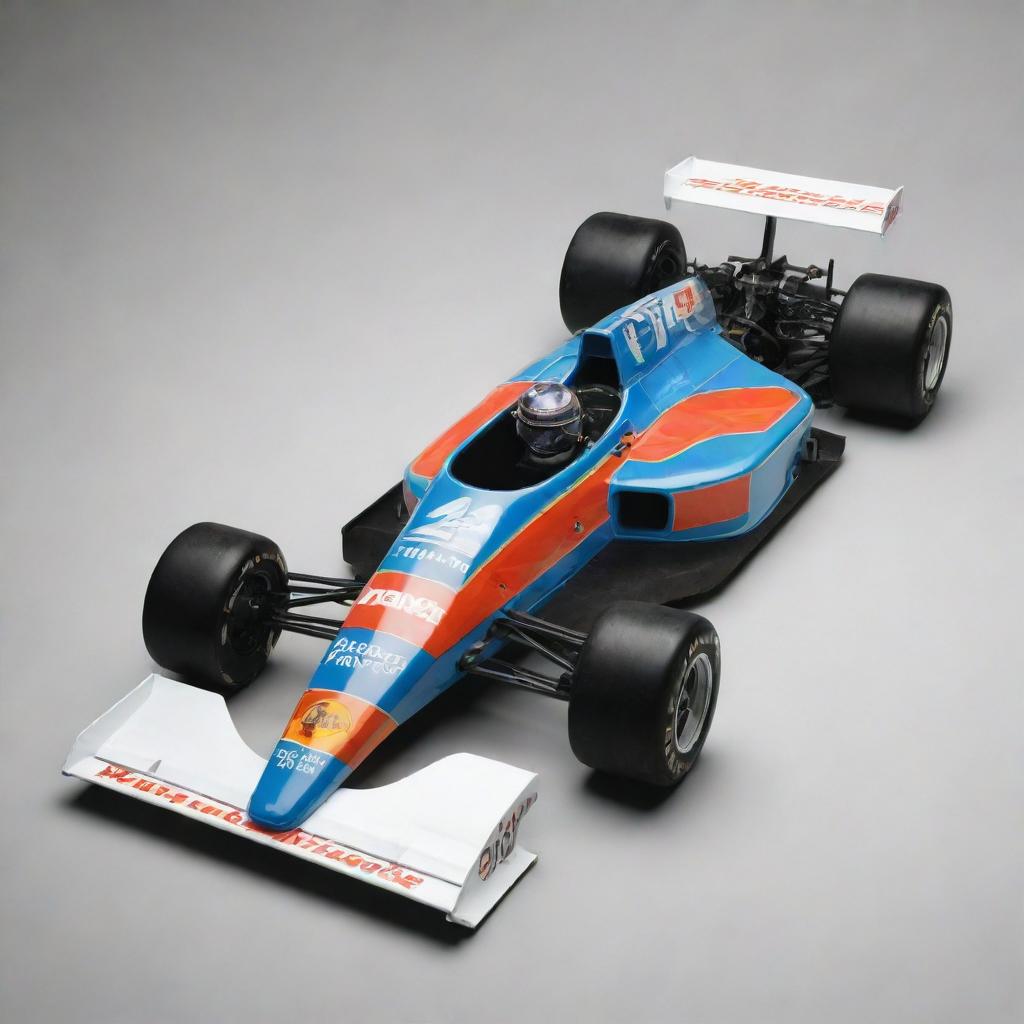 An 1980s Formula 1 racing car featuring a classic design, eye-catching colors, and a vintage mechanical setup.