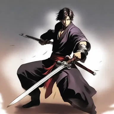 The character's exceptional swordsmanship demonstrated his virtuosity as he effortlessly defeated his opponents.