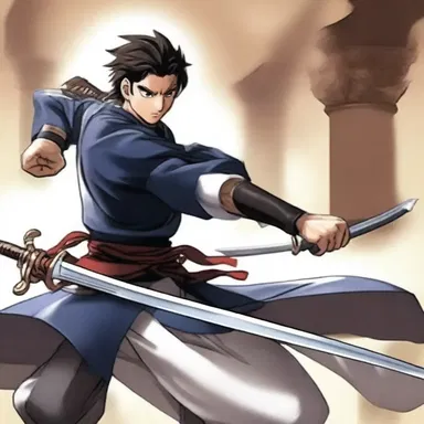 The character's exceptional swordsmanship demonstrated his virtuosity as he effortlessly defeated his opponents.