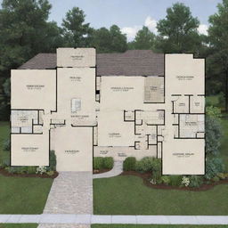 A detailed house plan, showing an architecturally designed layout with distinct rooms, outdoor spaces, and dimensions.