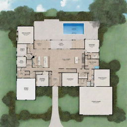 A detailed house plan, showing an architecturally designed layout with distinct rooms, outdoor spaces, and dimensions.