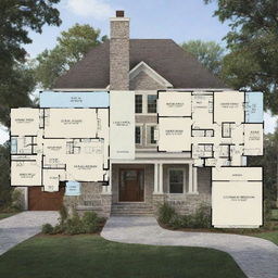 A detailed house plan, showing an architecturally designed layout with distinct rooms, outdoor spaces, and dimensions.