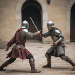 Two warriors in a tense one-on-one combat scenario in a medieval setting