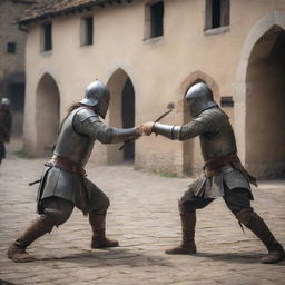 Two warriors in a tense one-on-one combat scenario in a medieval setting