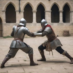 Two warriors in a tense one-on-one combat scenario in a medieval setting