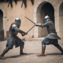 Two warriors in a tense one-on-one combat scenario in a medieval setting