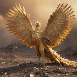 A golden-feathered phoenix with long, majestic plumes, amidst a destroyed landscape bathed in hues of gold.