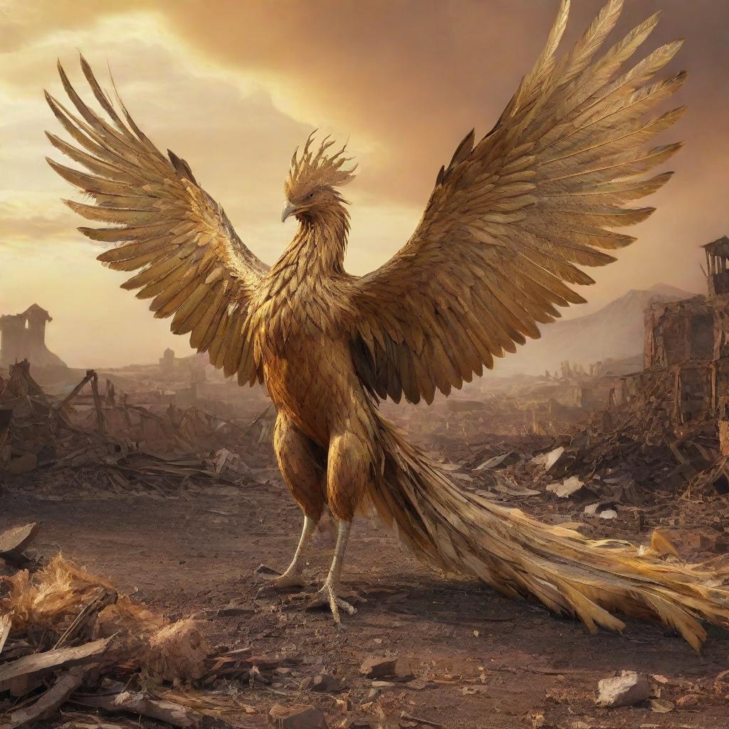 A golden-feathered phoenix with long, majestic plumes, amidst a destroyed landscape bathed in hues of gold.