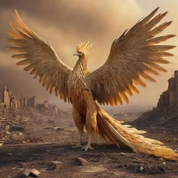 A golden-feathered phoenix with long, majestic plumes, amidst a destroyed landscape bathed in hues of gold.