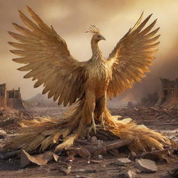 A golden-feathered phoenix with long, majestic plumes, amidst a destroyed landscape bathed in hues of gold.