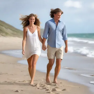 As they walked hand in hand along the beach, a gusty wind playfully tousled their hair.