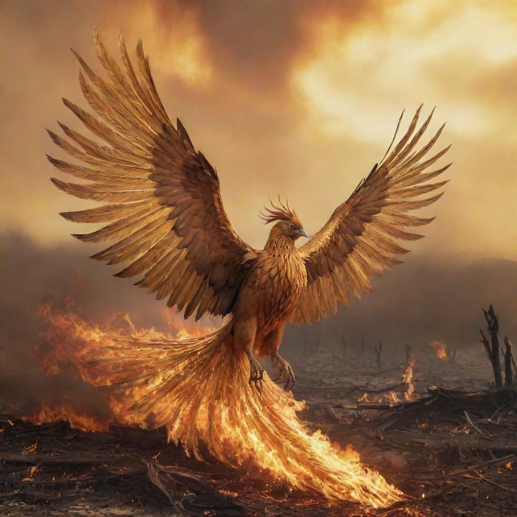 A phoenix adorned with extremely long, golden feathers, shown flying over a destroyed landscape ablaze with golden-hued fire.