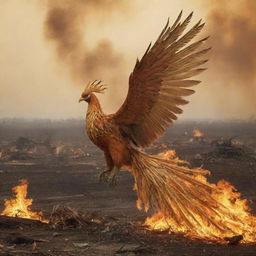 A phoenix adorned with extremely long, golden feathers, shown flying over a destroyed landscape ablaze with golden-hued fire.