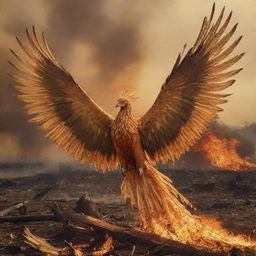 A phoenix adorned with extremely long, golden feathers, shown flying over a destroyed landscape ablaze with golden-hued fire.