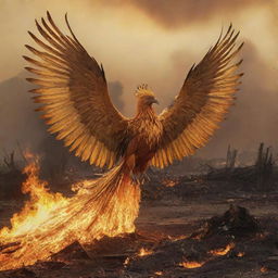 A phoenix adorned with extremely long, golden feathers, shown flying over a destroyed landscape ablaze with golden-hued fire.