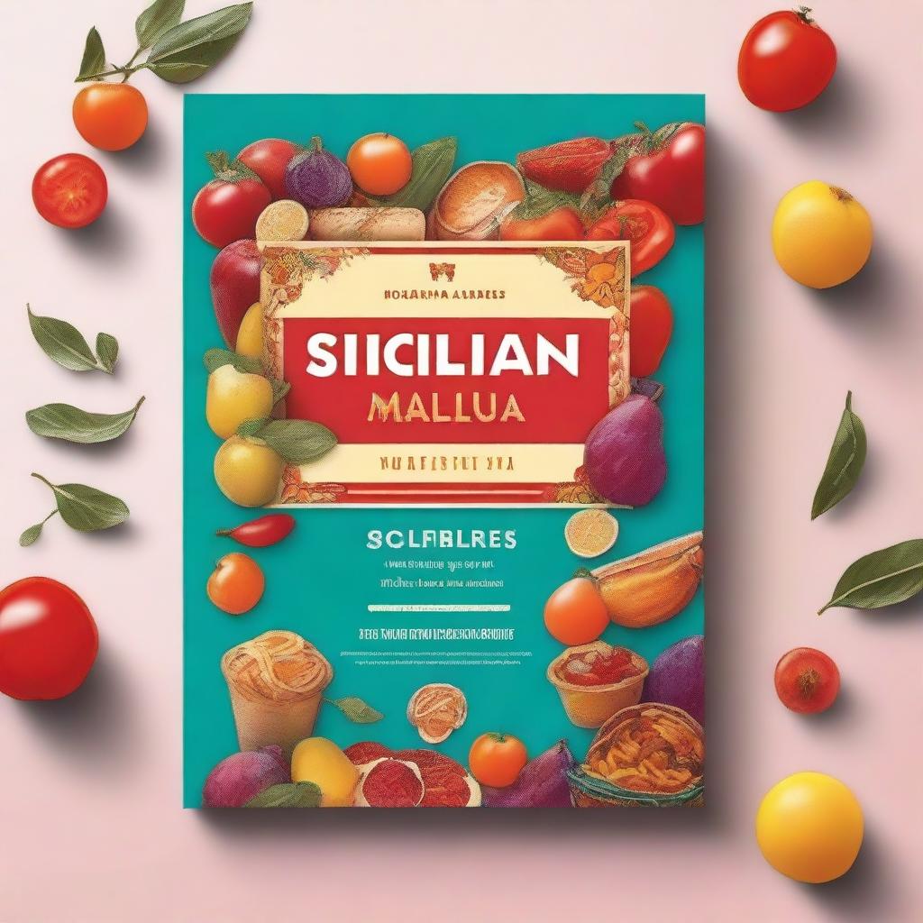 Generate an image of a book cover that features Sicilian food markets and recipes