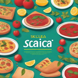 Generate an image of a book cover that features Sicilian food markets and recipes