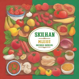 Generate an image of a book cover that features Sicilian food markets and recipes