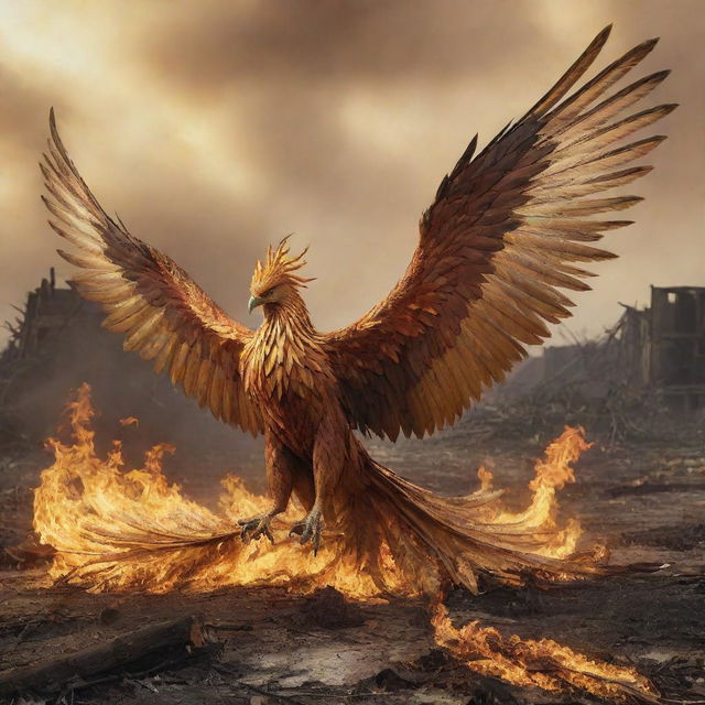 An aggressive phoenix adorned with incredibly long, golden feathers, portrayed flying over a destroyed landscape alight with gold-colored flames.