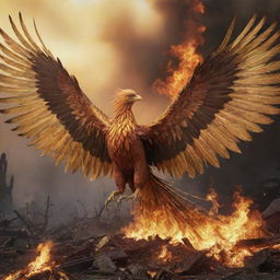 An aggressive phoenix adorned with incredibly long, golden feathers, portrayed flying over a destroyed landscape alight with gold-colored flames.