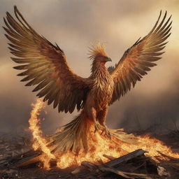 An aggressive phoenix adorned with incredibly long, golden feathers, portrayed flying over a destroyed landscape alight with gold-colored flames.