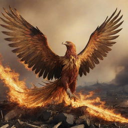 An aggressive phoenix adorned with incredibly long, golden feathers, portrayed flying over a destroyed landscape alight with gold-colored flames.