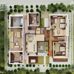 Generate a 3D plan of a 5 Bedroom House (BHK) duplex, laid out on a 20 by 50 ft plot