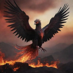 A demonic, aggressive phoenix with red eyes and fiery breath, rendered in shades of black and red, soaring above an infernal landscape.