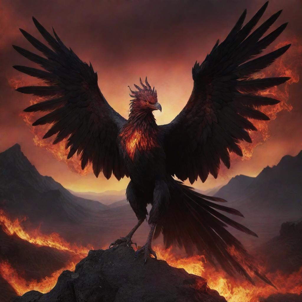 A demonic, aggressive phoenix with red eyes and fiery breath, rendered in shades of black and red, soaring above an infernal landscape.