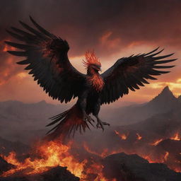 A demonic, aggressive phoenix with red eyes and fiery breath, rendered in shades of black and red, soaring above an infernal landscape.