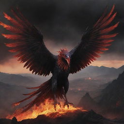 A demonic, aggressive phoenix with red eyes and fiery breath, rendered in shades of black and red, soaring above an infernal landscape.