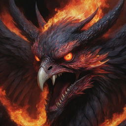 A close-up representation of an aggressive, demonic phoenix's face with red eyes and fiery breath, set against an infernal backdrop, painted in vivid shades of black and red.