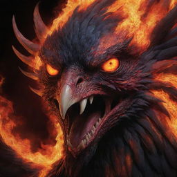 A close-up representation of an aggressive, demonic phoenix's face with red eyes and fiery breath, set against an infernal backdrop, painted in vivid shades of black and red.