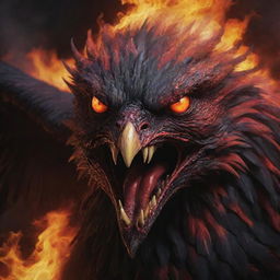 A close-up representation of an aggressive, demonic phoenix's face with red eyes and fiery breath, set against an infernal backdrop, painted in vivid shades of black and red.