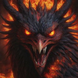 A close-up representation of an aggressive, demonic phoenix's face with red eyes and fiery breath, set against an infernal backdrop, painted in vivid shades of black and red.