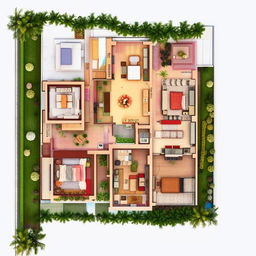 Generate a 3D plan of a 5 Bedroom House (BHK) duplex, laid out on a 20 by 50 ft plot