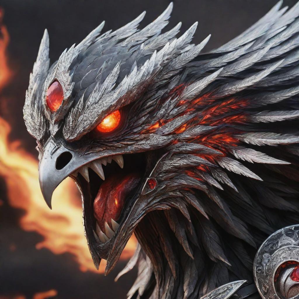 The face of an aggressive phoenix, adorned in a silver and diamond armor, with red eyes and breathing fire, in a black and red color scheme, flying over a hellish landscape.