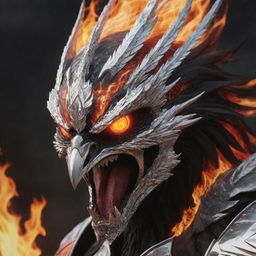 The face of an aggressive phoenix, adorned in a silver and diamond armor, with red eyes and breathing fire, in a black and red color scheme, flying over a hellish landscape.