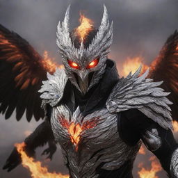 The face of an aggressive phoenix, adorned in a silver and diamond armor, with red eyes and breathing fire, in a black and red color scheme, flying over a hellish landscape.