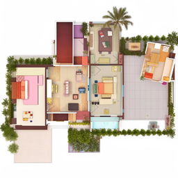 Generate a 3D plan of a 5 Bedroom House (BHK) duplex, laid out on a 20 by 50 ft plot