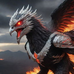 The face of an aggressive phoenix, adorned in a silver and diamond armor, with red eyes and breathing fire, in a black and red color scheme, flying over a hellish landscape.