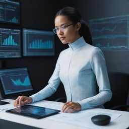 A high-tech AI audit assistant in a sleek, futuristic style. It's analyzing charts, spreadsheets, and financial data on multiple holographic screens.