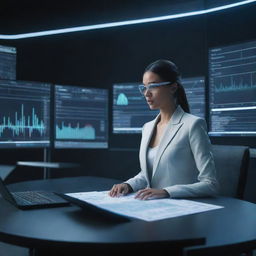 A high-tech AI audit assistant in a sleek, futuristic style. It's analyzing charts, spreadsheets, and financial data on multiple holographic screens.