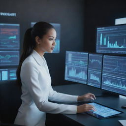 A high-tech AI audit assistant in a sleek, futuristic style. It's analyzing charts, spreadsheets, and financial data on multiple holographic screens.