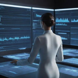 A high-tech AI audit assistant in a sleek, futuristic style. It's analyzing charts, spreadsheets, and financial data on multiple holographic screens.