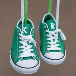 A pair of green and white shoes hanging by their laces, with the letters K and S prominently displayed in the middle of each shoe.