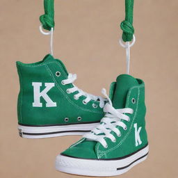 A pair of green and white shoes hanging by their laces, with the letters K and S prominently displayed in the middle of each shoe.