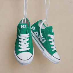 A pair of green and white shoes hanging by their laces, with the letters K and S prominently displayed in the middle of each shoe.