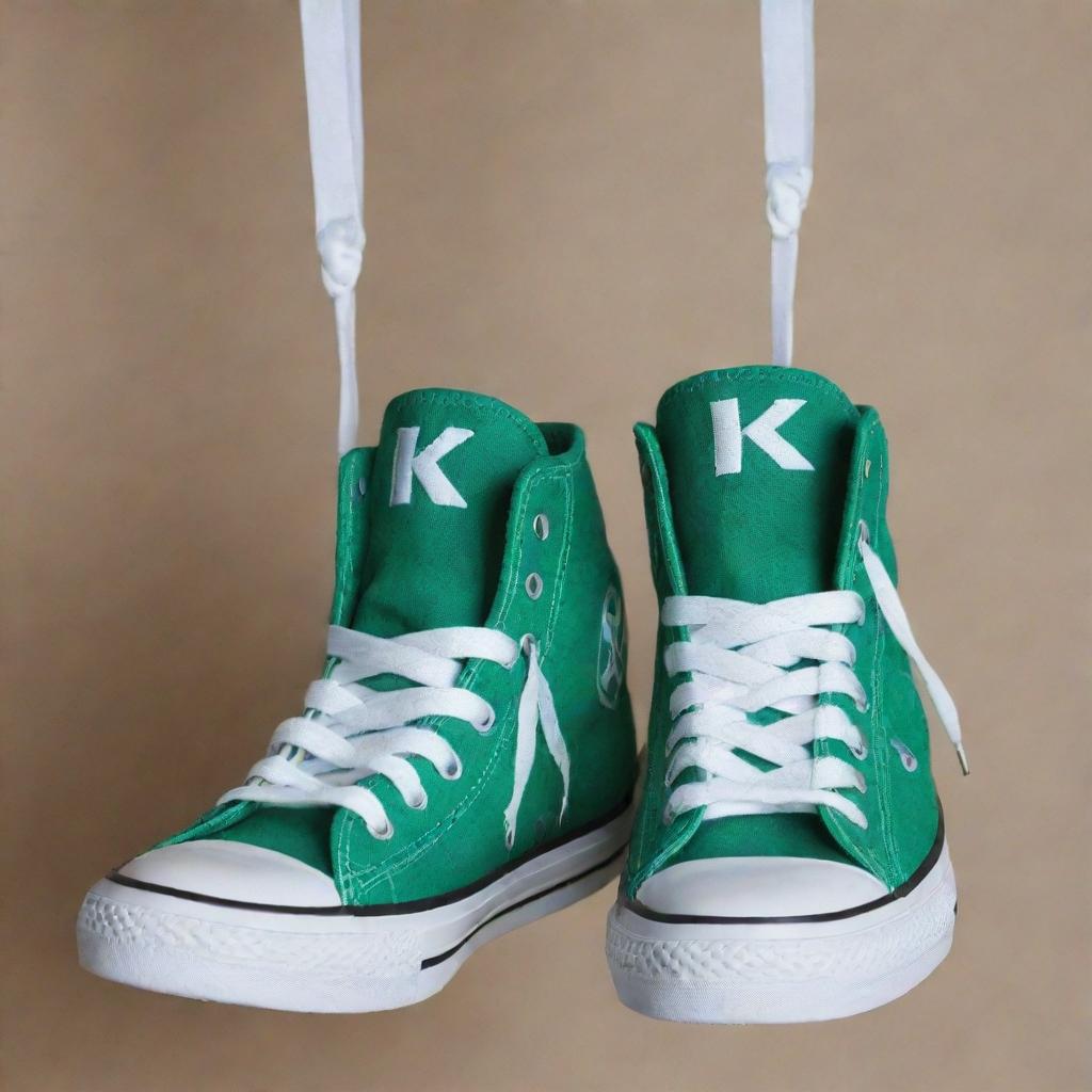 A pair of green and white shoes hanging by their laces, with the letters K and S prominently displayed in the middle of each shoe.